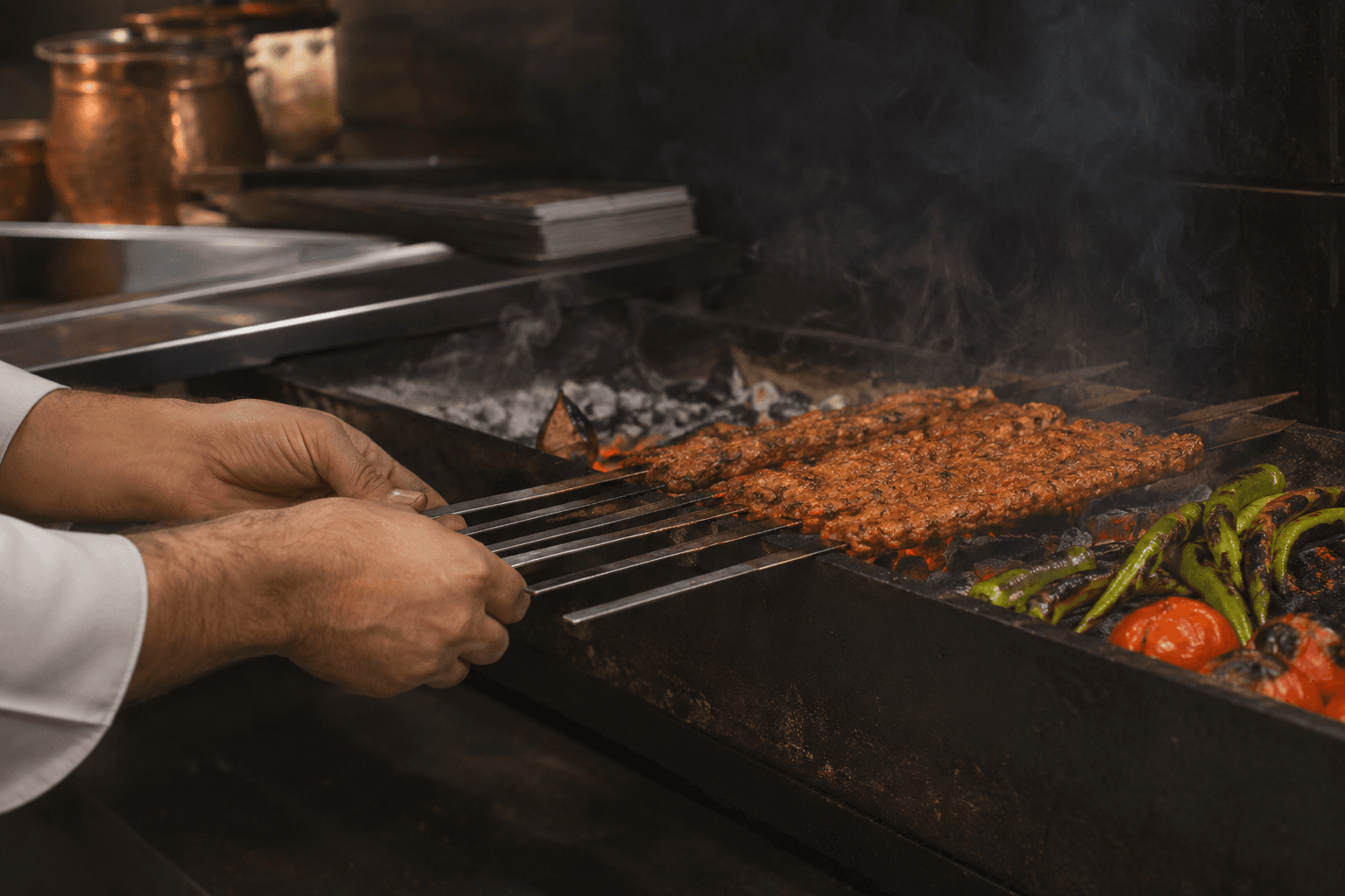 Kömür ateşinde kebap hazırlayan ustanın elleri